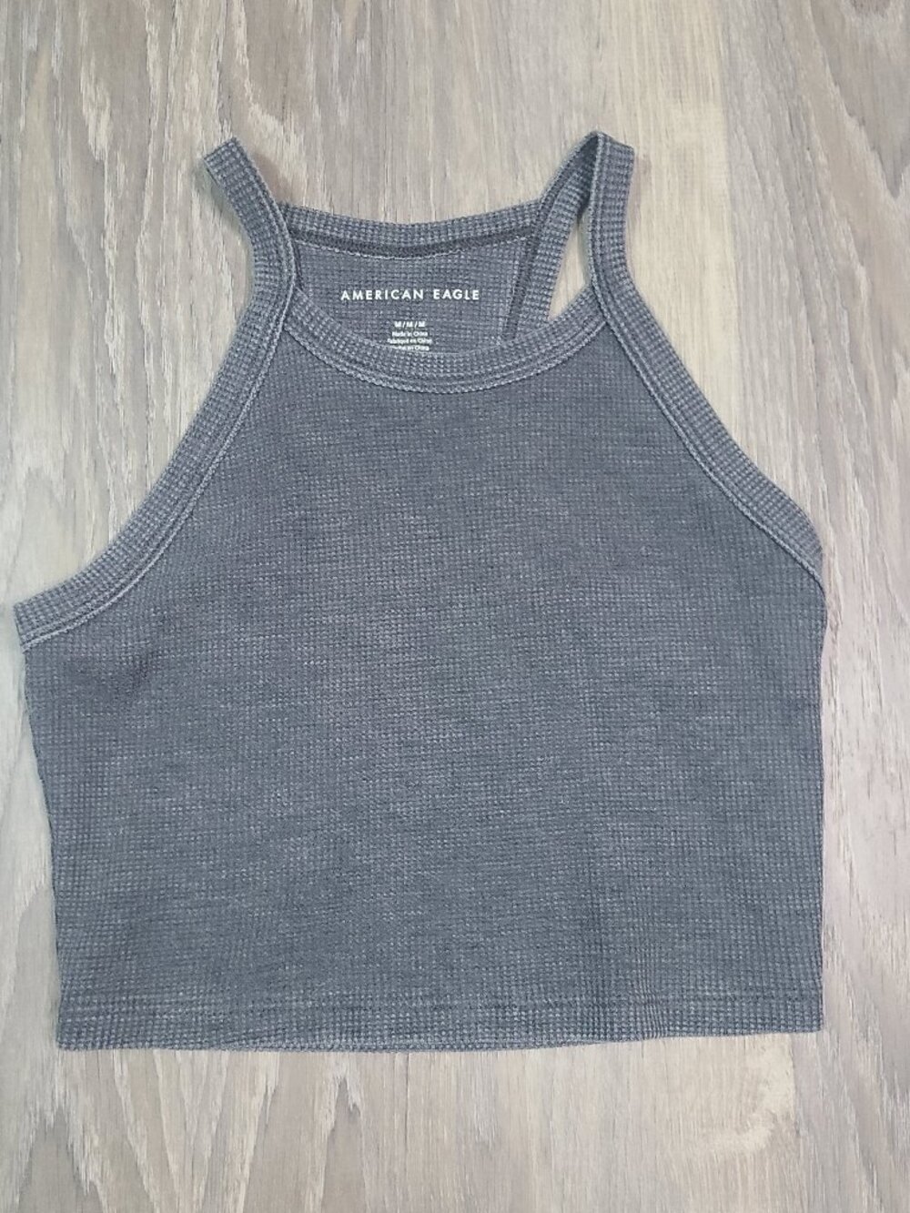 American Eagle Charcoal Gray Waffle Knit High Neck Cropped Tank Top - Size M